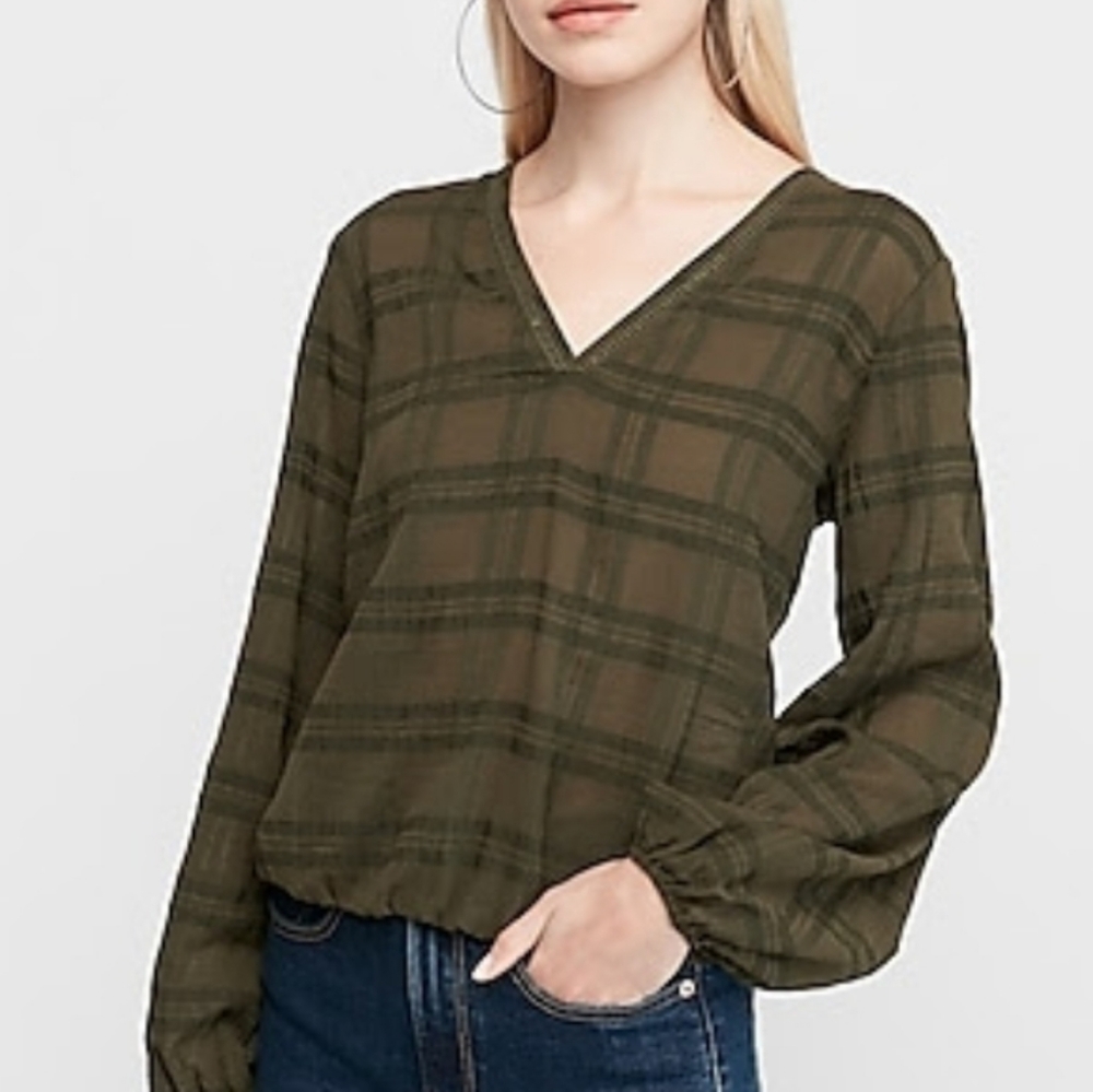 Olive Green Plaid V-Neck Banded Bottom Top